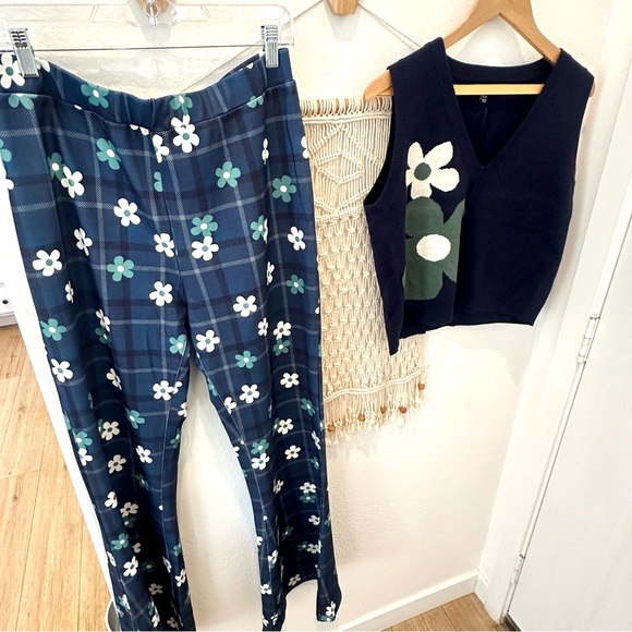 Unique Vintage Plaid Flower Power 70’s Retro Preppy Vest Flair Pants XL Set - Picture 12 of 12